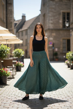 Womens Boho Wide-Leg Trouser Teal Green Printed Hippie Gypsy Palazzo Pants S/M