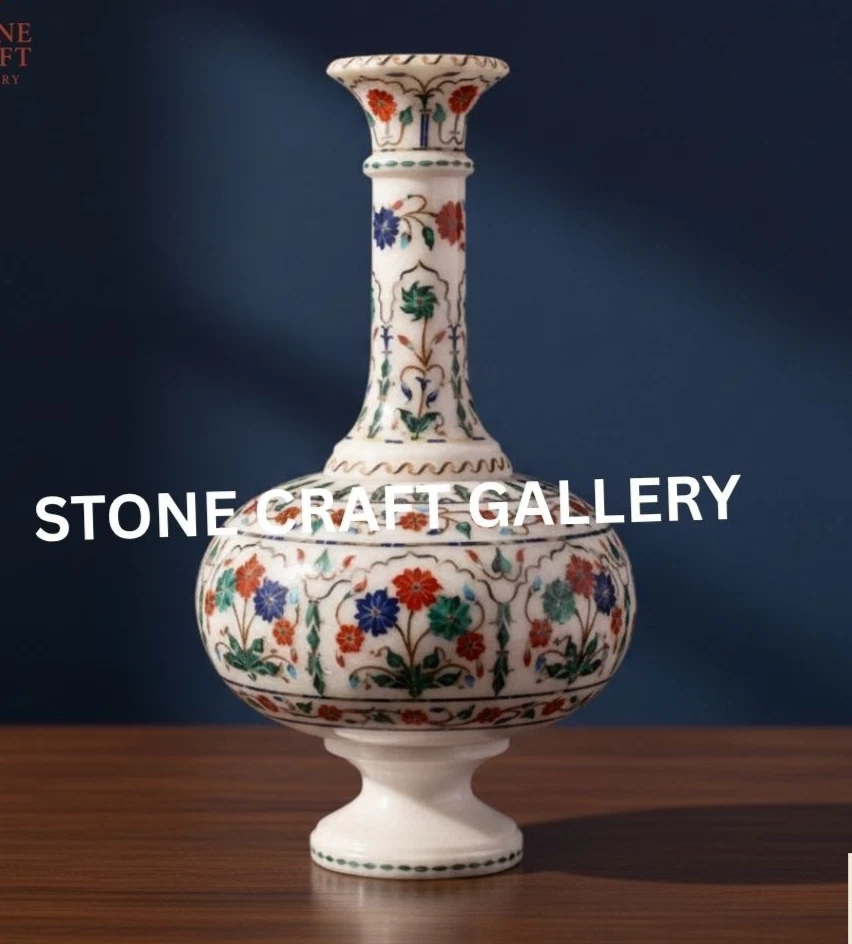 Unique 18" Floral Marble Vase - Hand Carved & Polished Inlay Stone