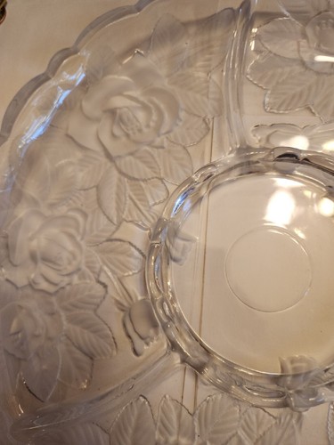 VINTAGE Large Frosted Rose Heavy Glass Serving Platter Divided Dish 3 PC SET USA - Picture 13 of 13