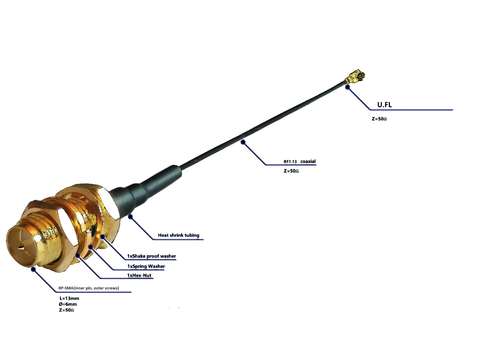 Coleta coaxial 2 piezas RP-SMA (macho) U.FL RF1.13 50Ω máx. 30 cm p. ej. Tarjeta inalámbrica - Imagen 3 de 4