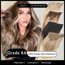 Clip in Remy Human Hair 100 Hair Extensions Full Head Highlight Weft 24" 8PCS