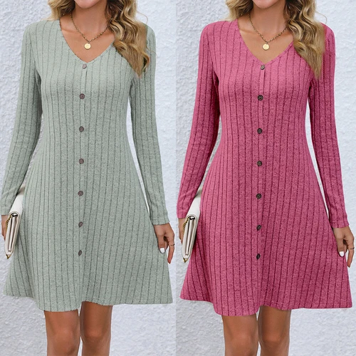 Womens Long Sleeve Button Jumper Dress Ladies Waist Retraction V Neck Dresses - Foto 2 di 13