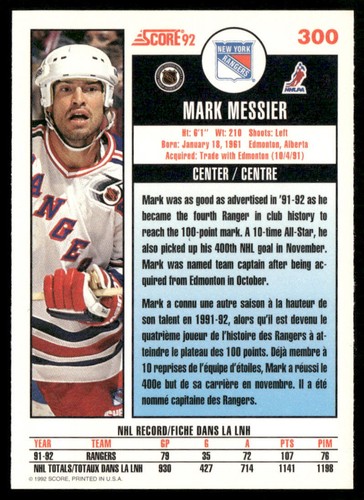 Mark Messier 1992-93 Score Canadian #300 New York Rangers - Bild 2 von 2