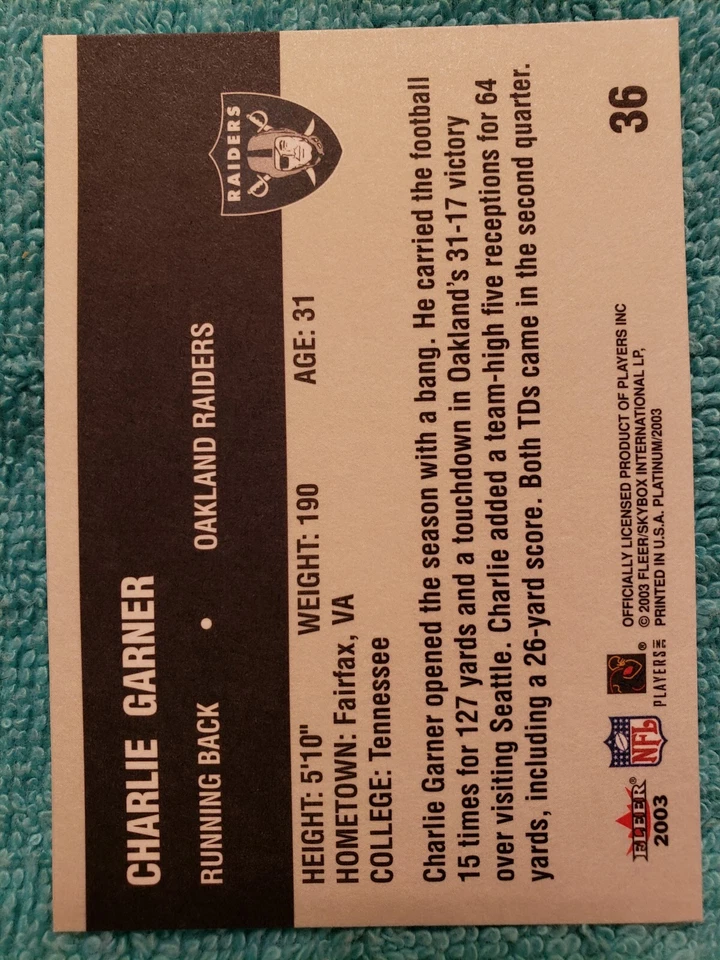2003 FLEER PLATINUM CHARLIE GARNER #36 OAKLAND RAIDERS - Image 3 of 4