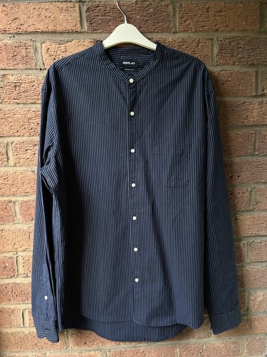 Replay Men’s Long Sleeve Shirt Navy Blue White Stripes XXL 2XL Regular Fit