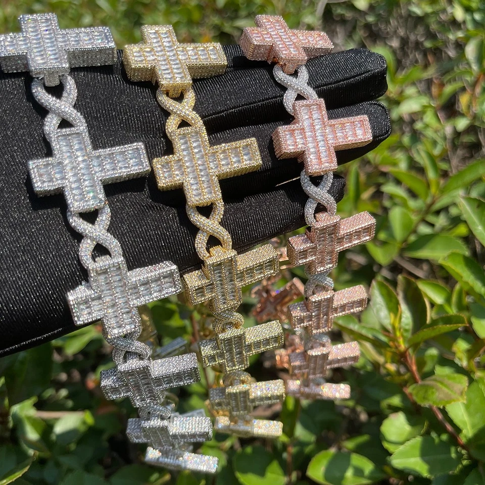 Mens Flooded Ice Infinity Cross Baguette Link Hip Hop Pendant Chain Bracelets - Image 4 of 4