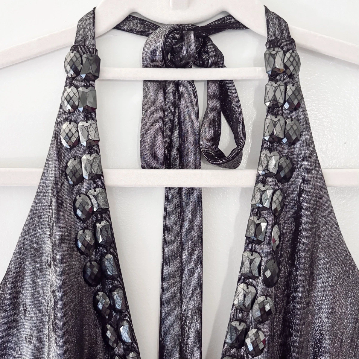 VTG y2K Express Women's Black Satin Halter Top Beaded Trim Tie Neck Size S