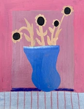 Hand-Painted Original Lucky Sunflowers in Blue Vase Painting 12x9 inches