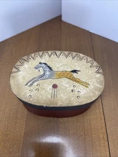 Primitive Shaker Style Oval Box Hand Painted Running Southwestern Abstract Horse