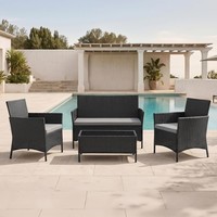 Elegant Black Rattan Garden Furniture Set - 4 Seater with Glass Coffee Table