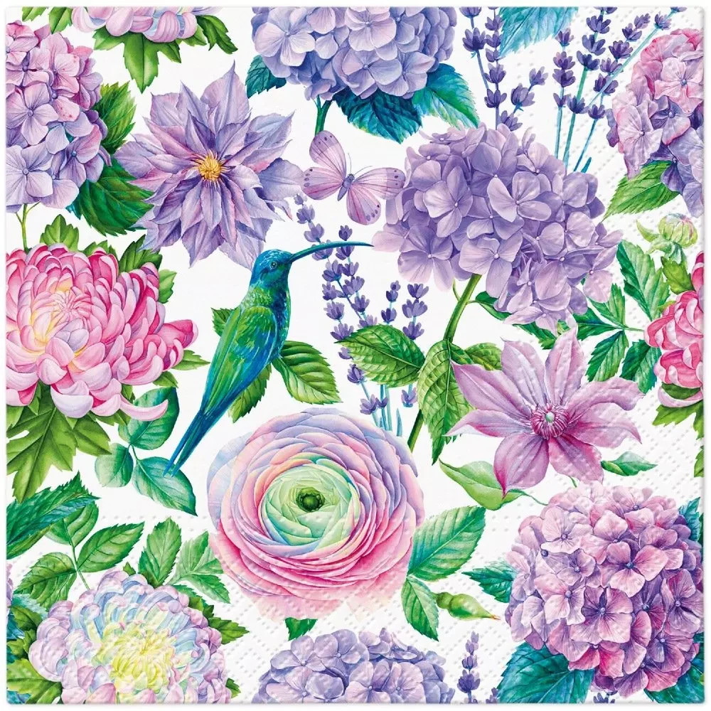 4 x Paper Napkins/33cm/3Ply/Decoupage/Craft/Flowers in Purples/Hummingbird