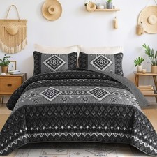 Black Boho Quilt Set King Size,3 Pieces Aztec Texture Bedspread Grey Western ...