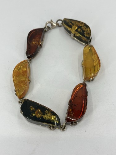Vintage Sterling Amber Bracelet 925 Silver Multicolor Panel Link UV PIC