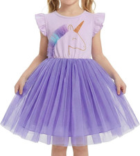 Vestito Da Ragazza Con Unicorno, Con Volant, a Maniche Corte, in Cotone, Estivo,
