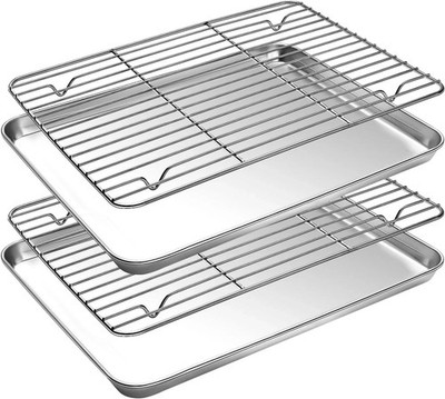 Small Baking Sheet with Cooling Rack Set 2 Pans + 2 Wire Racks CEKEE Stainless
