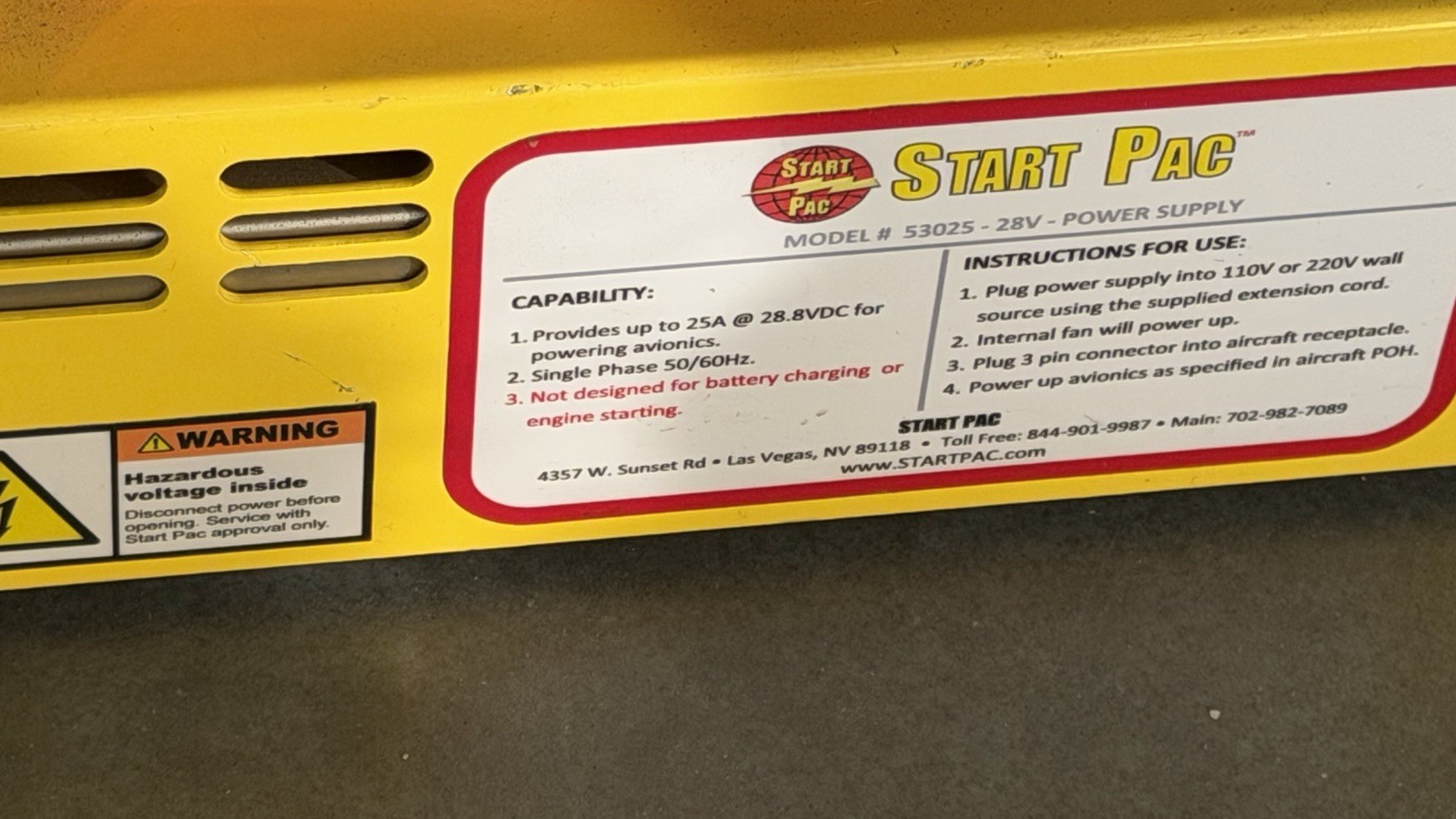 START PAC 53025 • 28V External Ground Power Supply (25A) • Avionics GPU + Cables