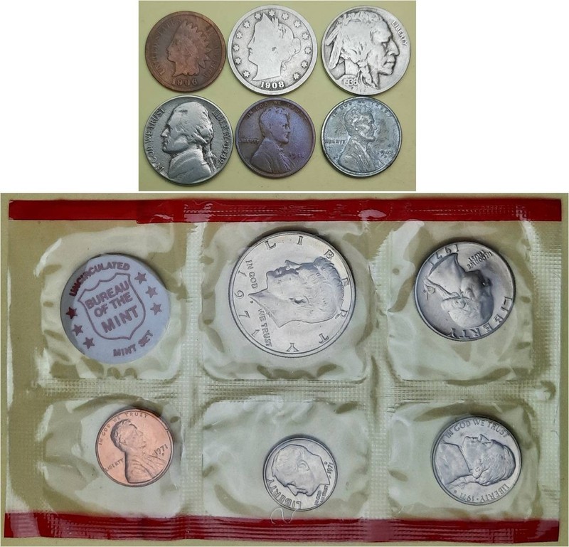 6 Old Coins (Ind Head 1c, Lib V, Buff, Jeff, & 2-Linc Wheats) & 1 US Mint Set