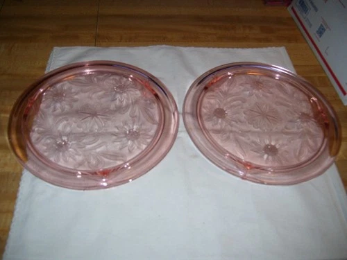 Pair of Antique Pink Depression Glass Sunflower Footed Cake Plates