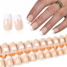 120 Pcs (5 Sets) Square French Tip Press-On Nails, Natural & White with Adhesive