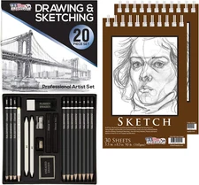 20 Piece Professional Artist Sketch Set in Hard Storage Case - Sketch & Charcoal