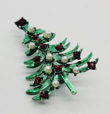 Christmas Bell Brooch Pin Green with Faux Pearl and Red Crystal Vintage