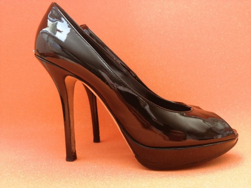 DIOR black Patent Leather open peep Toe Heels Pumps Platform Shoes / FR 38 - Picture 11 of 22