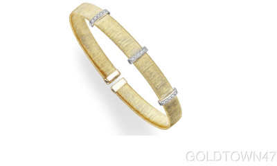 14k Yellow Gold 7mm Textured Flat Cuff Triple Bar Bangle with White Diamond