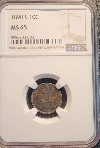 1890-S Seated Liberty Silver Dime NGC MS-65, Toned, Very Rare This Nice !!