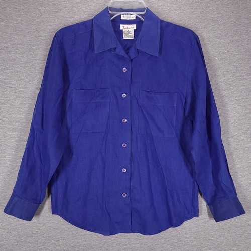 Talbots 100 % irisches Leinen Damen Top Größe 4 Blau Knopfleiste Bluse Langarm