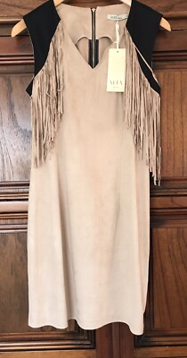 Boho western MJA Paris Fringe Tassel Nude Black Faux Suede Dress 10/12