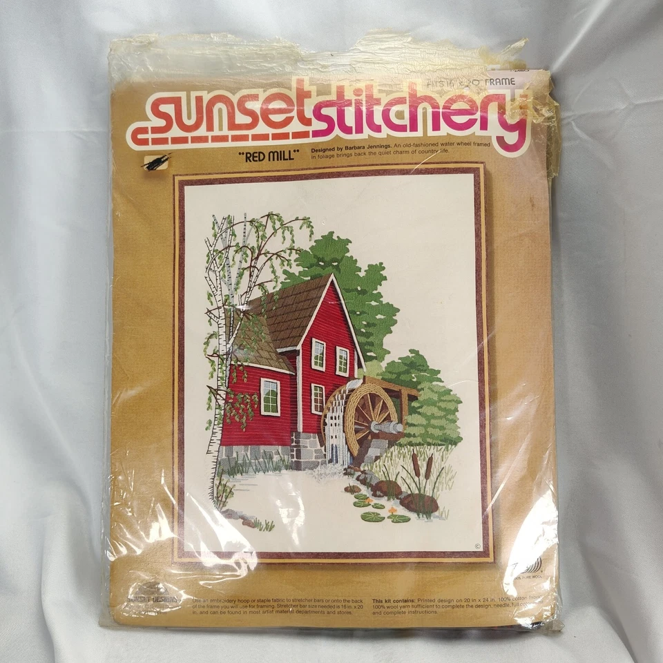 Vintage Sunset Stitchery Crewel Picture Kit 16x20in Red Mill Country Rustic - Image 2 of 4