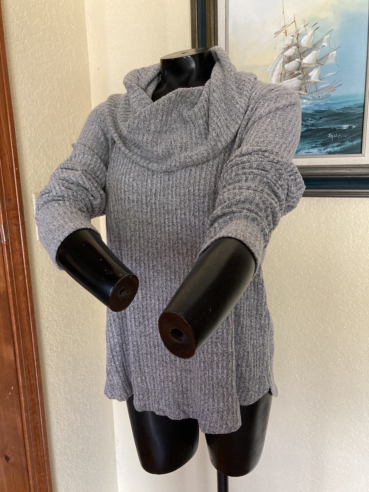 Lucky Brand Sweater Womens Large Cowl Neck Pullover Waffle Knit Gray
