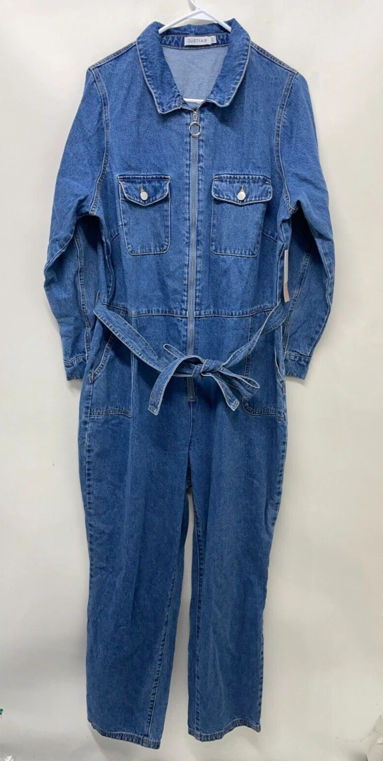 JustFab Womens 3X Zip Front Waist Tie Long Sleeve Denim Jumpsuit Blue Collared