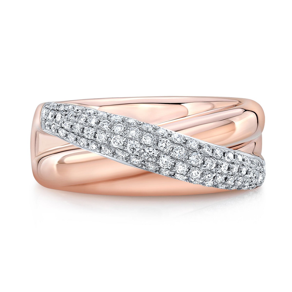 Diamond Criss Cross X Ring 14K Rose Gold Round Cut Pave Cocktail