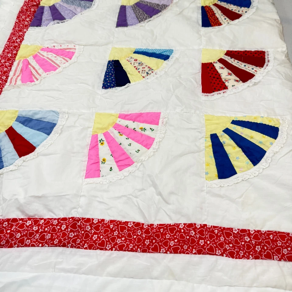 Edredón hecho a mano abanico rojo completo floral algodón rústico primitivo Foto 3 de 4