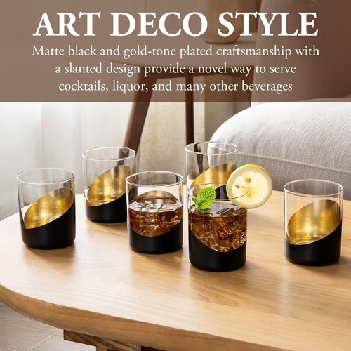 12 oz Black and Gold Cocktail Glasses, Whiskey Rocks Drinking Glass, Set of 6 - Picture 2 of 7