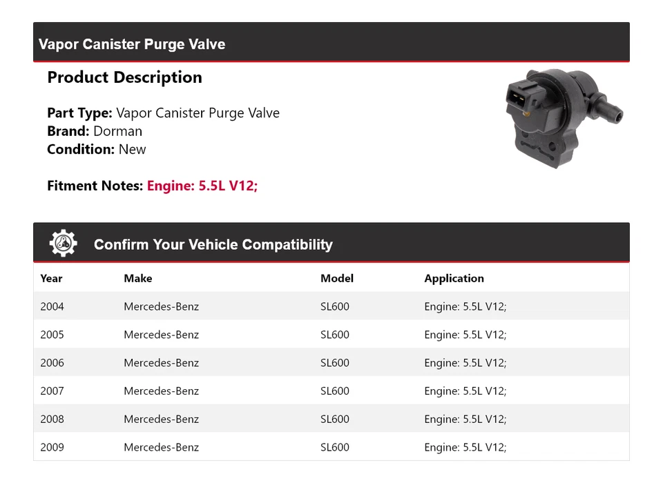 For 2004-2009 Mercedes-Benz SL600 5.5L V12 Dorman Vapor Canister Purge Valve - Image 2 of 4