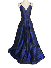 Calvin Klein 2 Black Blue Floral Jacquard Long Ball Gown Maxi Prom Cocktail