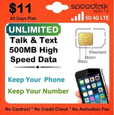 Speedtalk Preloaded Phone Plan + SIM Card Unlimited Talk & Text 500 MB Data