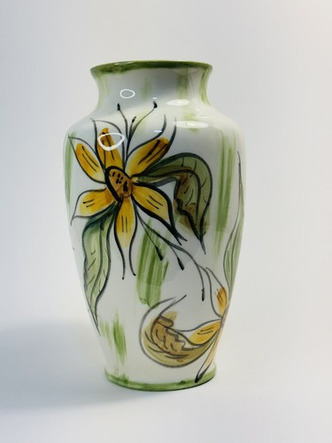 Hand Painted Yellow Floral Ceramic Pottery Vase Signed L Wenk Vintage 1972 7.5” - Picture 2 of 9