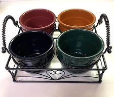 5 Piece Serving Set of 4 Pottery Condiment Bowls Black Metal Tray with Handles