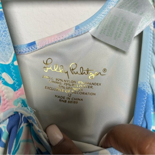 Lilly Pulitzer Girls One Piece Bathing Swim Suit 12 Blue One Shoulder Pom Tassel - Picture 5 of 9