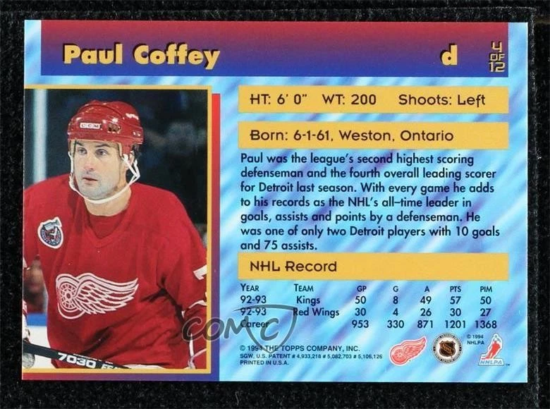 1993-94 Topps Stadium Club Finest Test Refractor Paul Coffey #4 HOF - Image 2 of 2