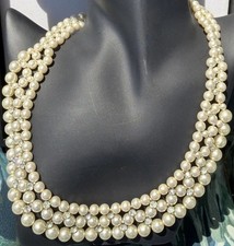 Vintage Japan Faux Pearl Prong Set Rhinestone Necklace Graduated 3 Strand Collar