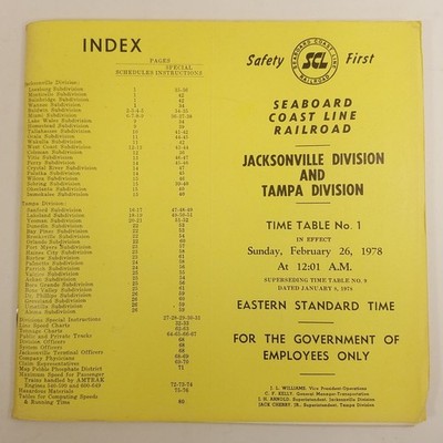 Seaboard Coast Line Railroad Employee Time Table #1 1978 Jacksonville Tampa