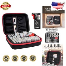 Pro Battery Holder 60 AA AAA C D 9V w/ Integrated Tester - Compact Black Case