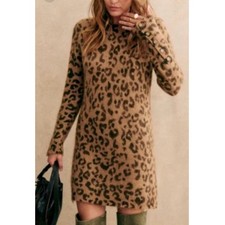 Sezane Fanie Leopard AOP Kid Mohair Wool Knit Sweater Dress Small Fuzzy Luxury