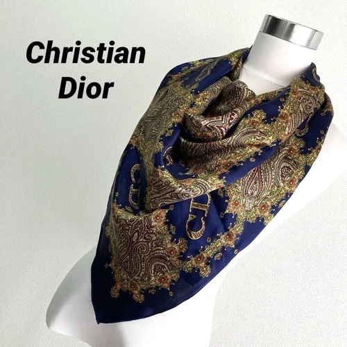 Grande écharpe Christian Dior bleu marine motif cachemire doré