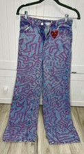 BNWT H M x Keith Haring Girls 20 Wide Fit High Jeans Blue Pink All Over Pattern