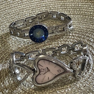 Fossil Womens Watch Lot (2) Silver Tone Heart Charm Band & Blue Accent Bezel